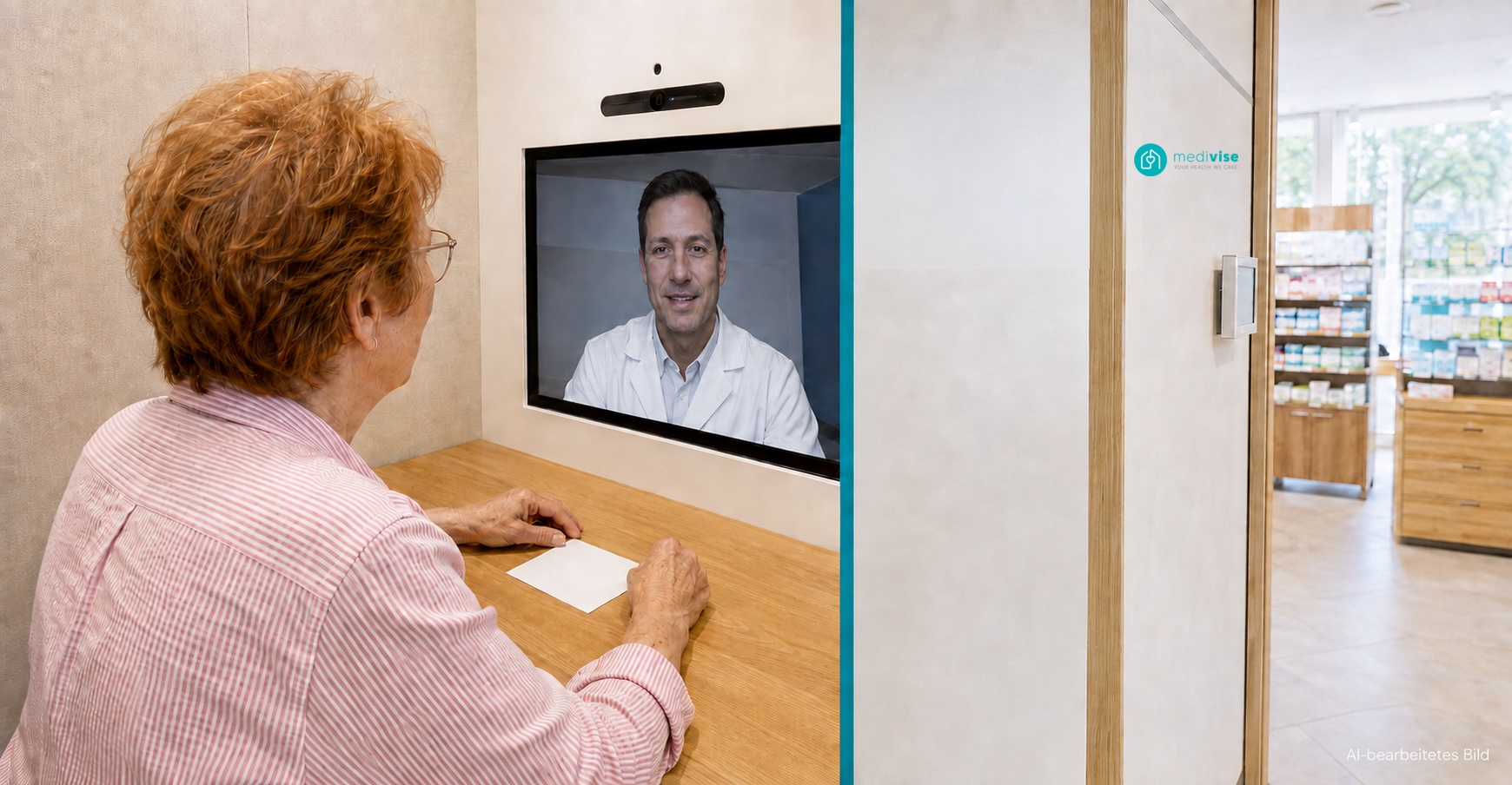 Patientin bei einer assistierten Videosprechstunde in der Apotheke