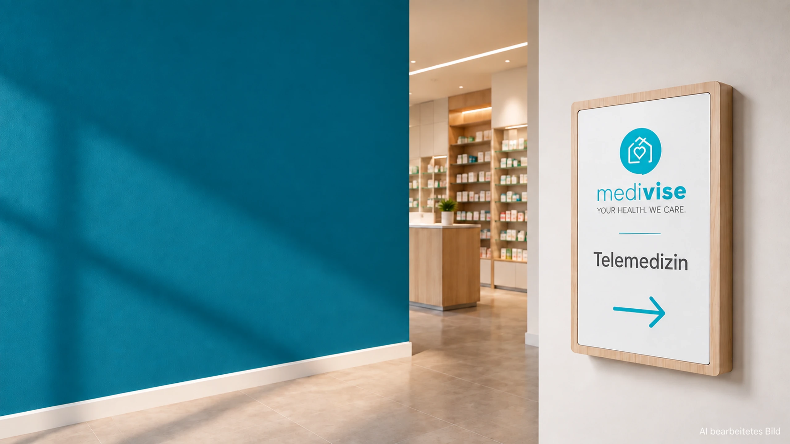 MEDIVISE-Telemedizin-Wegweiser in einer Apotheke mit Petrolwand