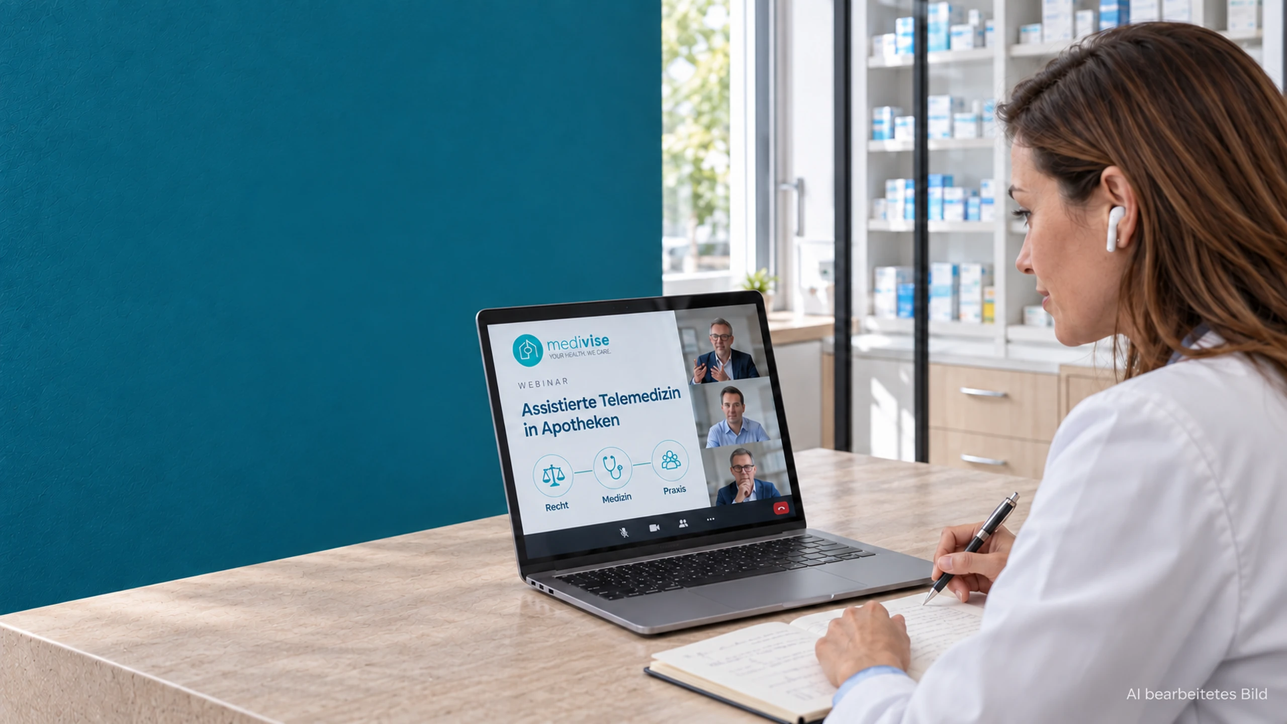 Apothekerin verfolgt ein MEDIVISE-Webinar zur assistierten Telemedizin auf ihrem Laptop.